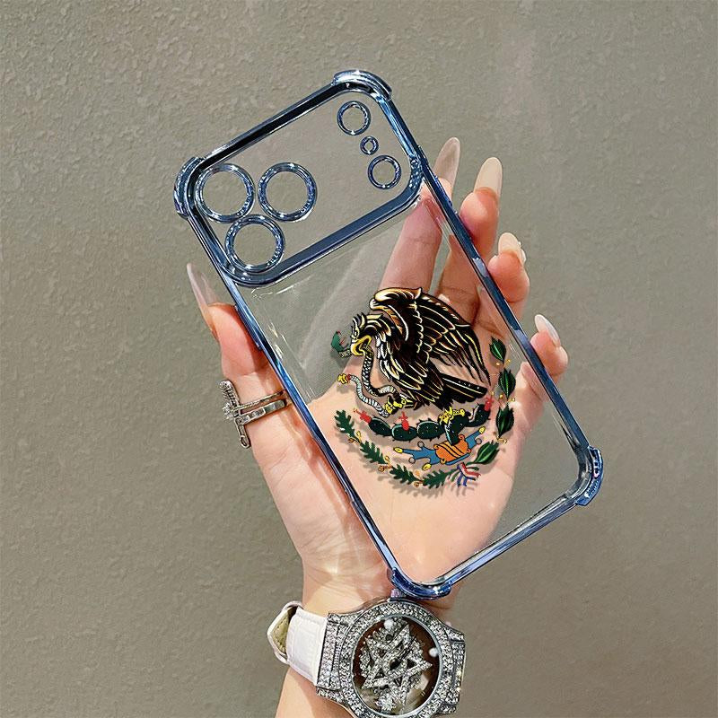 Mexican Golden Eagle Badge Flag Design Four-Angle Airbag Anti-Drop Phone Case for Iphone 17 Pro Max 16 15 14 13 12 11 Pro Max Transparent Soft TPU Material Gift Choice