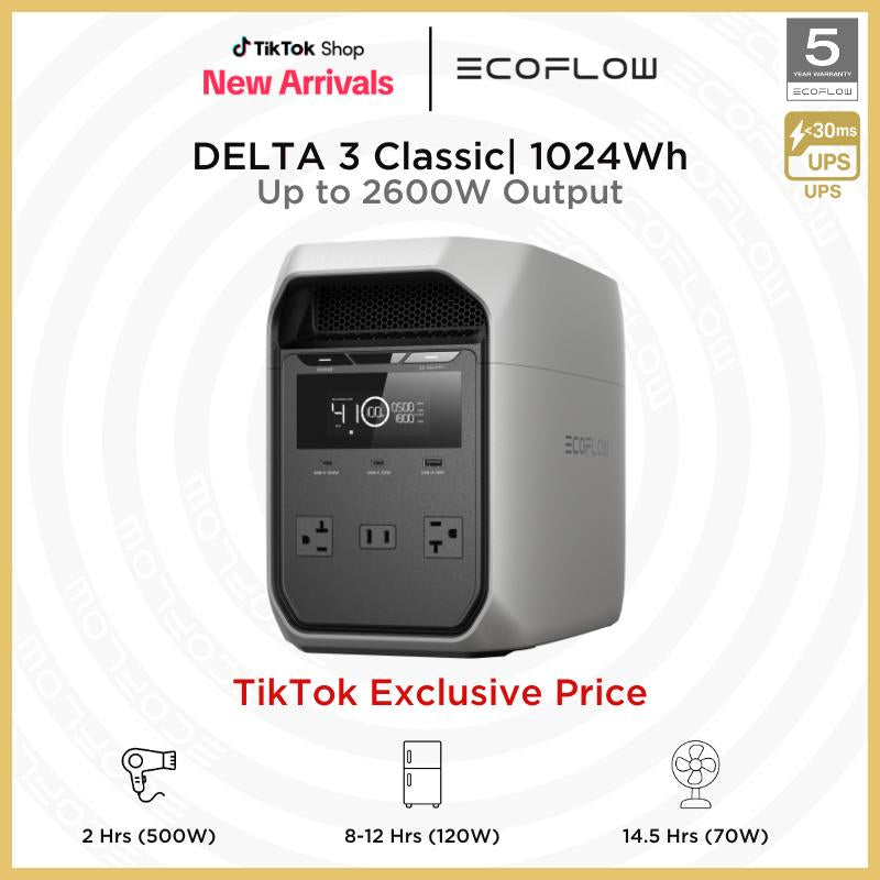 ECOFLOW DELTA 3 Classic, Lifepo4 Battery, Solar Generator, Fast Charging, Portable Power Station for Home Backup Power