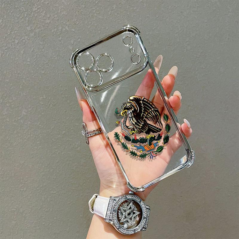 Mexican Golden Eagle Badge Flag Design Four-Angle Airbag Anti-Drop Phone Case for Iphone 17 Pro Max 16 15 14 13 12 11 Pro Max Transparent Soft TPU Material Gift Choice