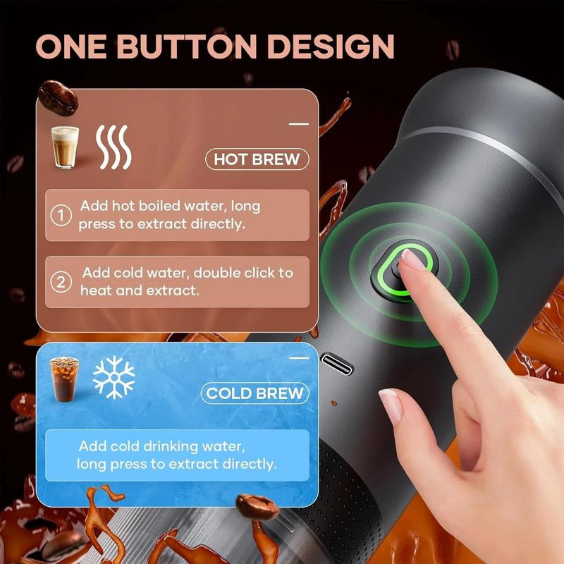 LIOUOU Portable Coffee Maker – Self-Heating Espresso Machine with Type-C Interface | Can Use Coffee Capsules or Ground Coffee | Ideal for Travel, Car Use, Home, and Office (Non-Digital Display Model)