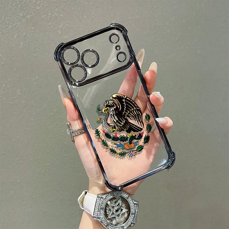 Mexican Golden Eagle Badge Flag Design Four-Angle Airbag Anti-Drop Phone Case for Iphone 17 Pro Max 16 15 14 13 12 11 Pro Max Transparent Soft TPU Material Gift Choice