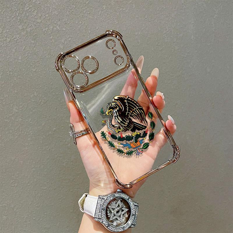 Mexican Golden Eagle Badge Flag Design Four-Angle Airbag Anti-Drop Phone Case for Iphone 17 Pro Max 16 15 14 13 12 11 Pro Max Transparent Soft TPU Material Gift Choice