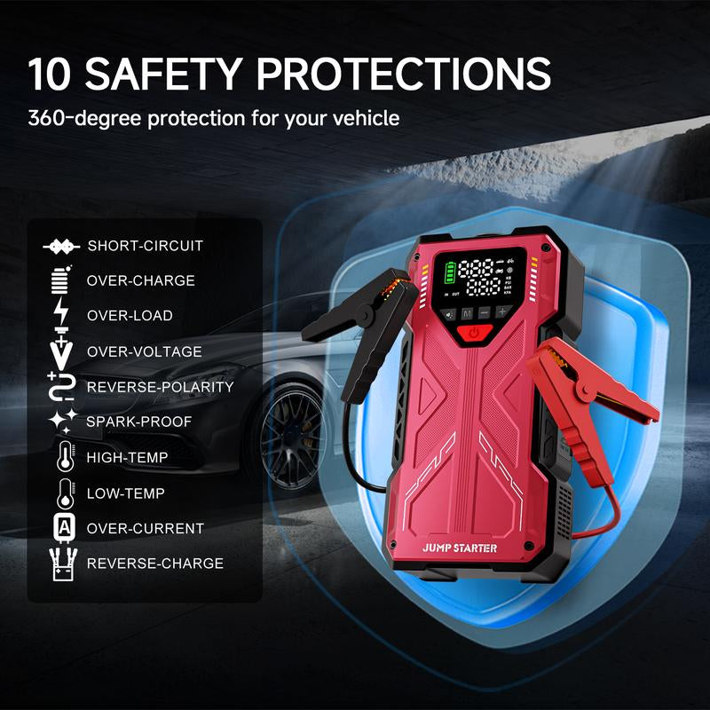 12000Mah Portable Jump Starterwith Air Compressor, 150Psl, 12Vcar Battery Jump Box, 10L Gas & 8.0Ldiesel Engines, Wireless, Safeclamps for Easy Use Auto Accessories