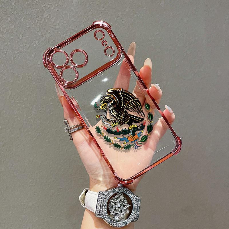 Mexican Golden Eagle Badge Flag Design Four-Angle Airbag Anti-Drop Phone Case for Iphone 17 Pro Max 16 15 14 13 12 11 Pro Max Transparent Soft TPU Material Gift Choice