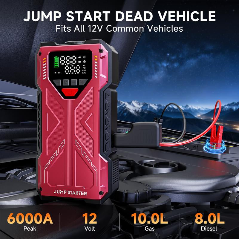 12000Mah Portable Jump Starterwith Air Compressor, 150Psl, 12Vcar Battery Jump Box, 10L Gas & 8.0Ldiesel Engines, Wireless, Safeclamps for Easy Use Auto Accessories