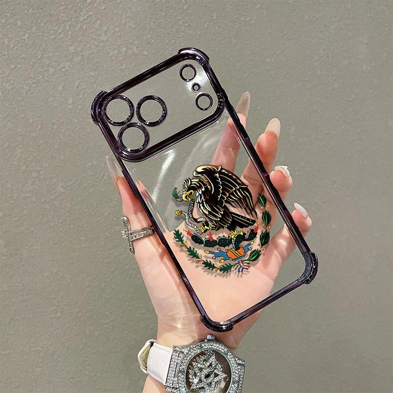Mexican Golden Eagle Badge Flag Design Four-Angle Airbag Anti-Drop Phone Case for Iphone 17 Pro Max 16 15 14 13 12 11 Pro Max Transparent Soft TPU Material Gift Choice
